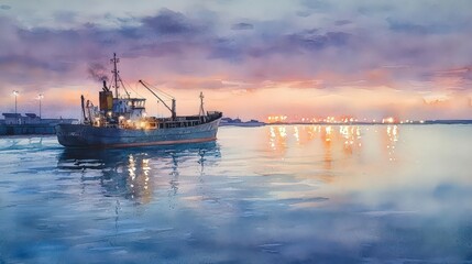 Fototapeta premium A peaceful watercolor of a shipping vessel entering a calm harbor at dusk, with distant lights glowing softly, creating a serene maritime atmosphere