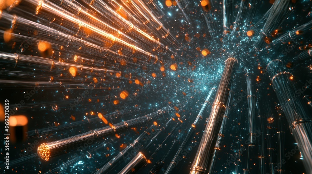 Poster abstract visualization of dynamic particles and light effects in a digital space.