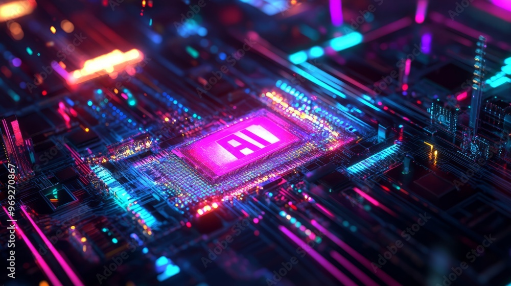 Poster ai word on microchip and colorful light spread with strong beam , ai concept with copyspace banner b