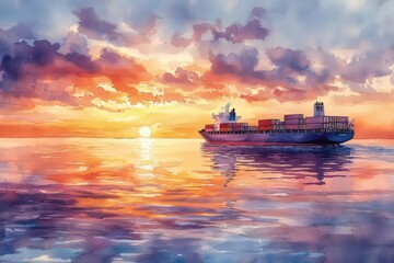 Obraz premium A serene watercolor of a cargo ship sailing through a sunsetlit sea, the sky ablaze with soft oranges and purples, reflecting on the water