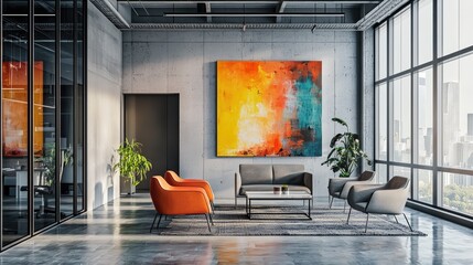 A modern office space with a vibrant abstract canvas print mounted on the wall.