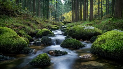 Serene forest stream flowing over moss-covered rocks in a tranquil woodland setting.