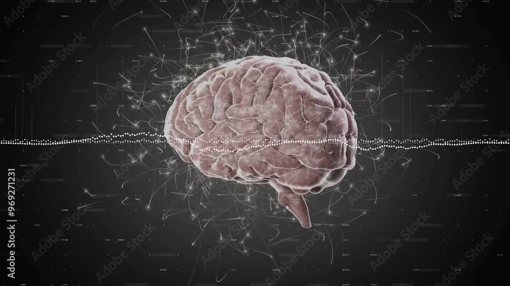 Poster animation of data processing and light trails over brain