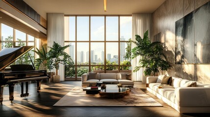Fototapeta premium A modern residential living room located in an urban environment, featuring sofas, pianos, windows, trees, and plants, with photo realistic 