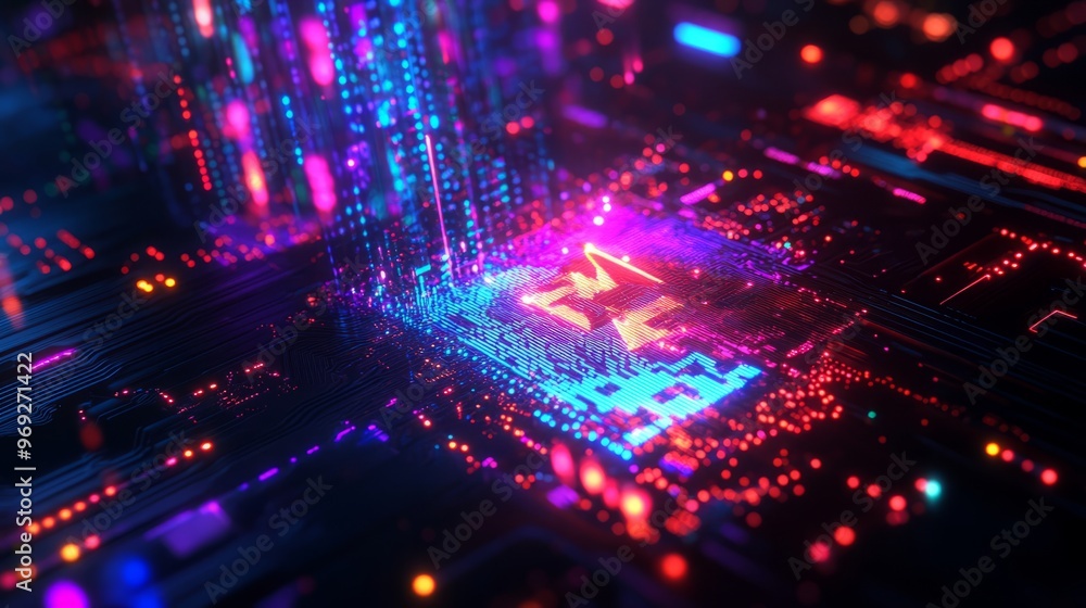 Aufkleber ai word on microchip and colorful light spread with strong beam , ai concept with copyspace banner b