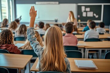 Children at school. Children in a Classroom Raising Hands for Participation During Lesson - Engaged Children Learning with Female Teacher, Diverse Group of Students in Educational Environment
