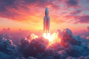 stylized lowpoly rocket launch scene with geometric clouds and gradient sky symbolizing innovation and the pursuit of dreams