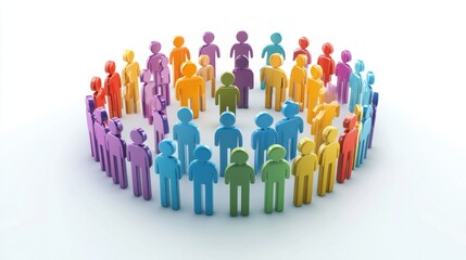 A group of people icons standing in a circle, representing a community, teamwork, or social network. -