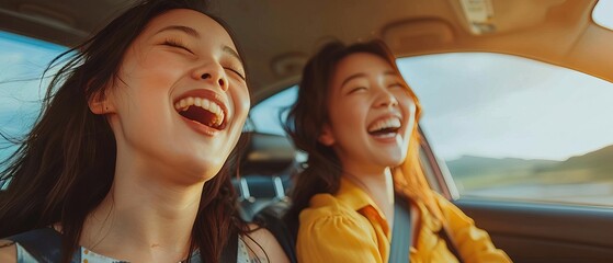Two young Asian women having fun singing a song in the car