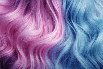 Fototapeta premium Close-up of soft pastel ombre hair blending pink, lavender, and blue, hair color, soft gradient