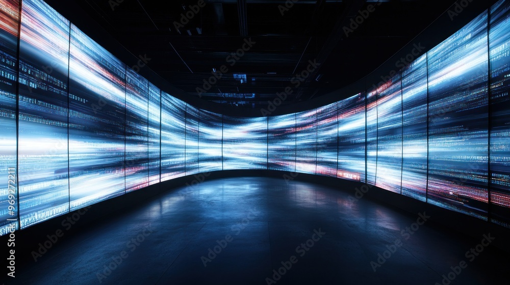 Poster A curved display of dynamic light patterns, suggesting speed and data flow.