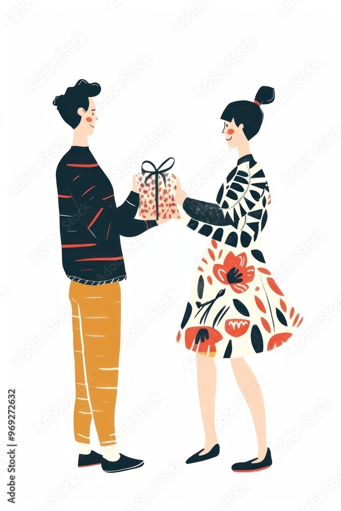 Wall mural Man gives a woman a gift person advertisement accessories.