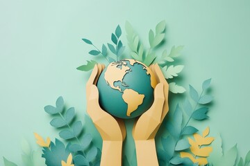 Eco-Friendly Paper Cut Hands Holding Globe with Sprouting Leaves - Global Climate Action and Earth Care Concept