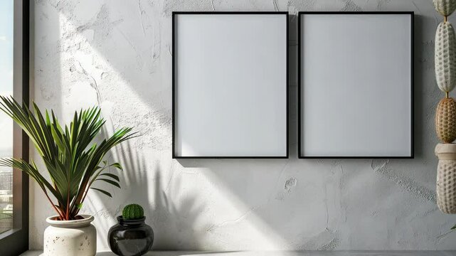 Modern apartment styling with empty frames and indoor plants on a sunlit windowsill