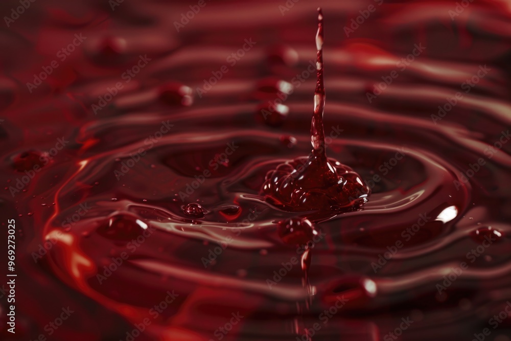 Poster a close-up shot of a small red liquid drop on a surface