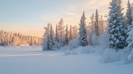 A serene winter landscape with snow-covered trees and a frozen river under a pastel sky.