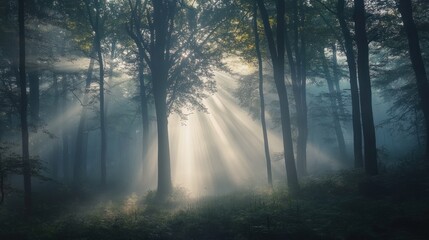 A serene forest scene with sunlight filtering through trees, creating a mystical atmosphere.