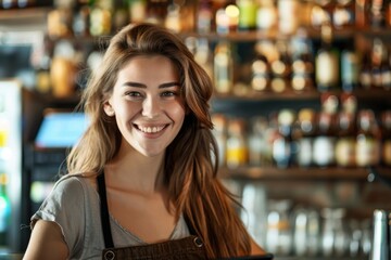 A woman stands with a smile in front of a bar, possibly enjoying an evening out or socializing with friends