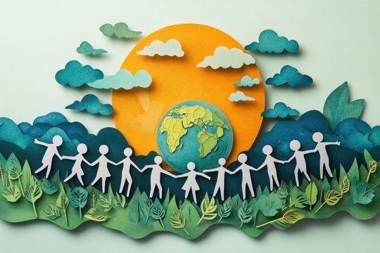 Unity in Fighting Climate Change - Paper Cut Style Illustration of People Holding Hands Around the Globe