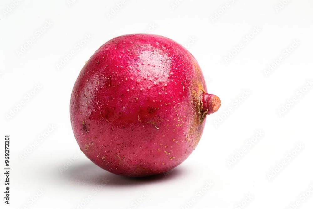 Poster a close-up shot of a ripe pomegranate on a white surface, ideal for use in recipes or as a decorativ