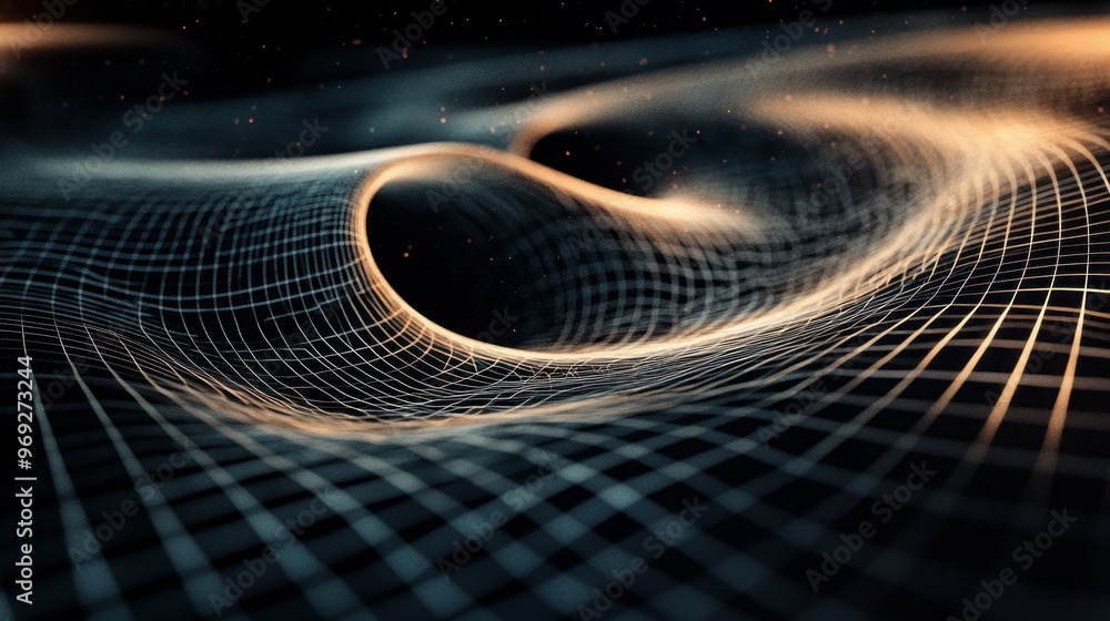 Poster abstract representation of flowing waves with a grid overlay, evoking a sense of motion.