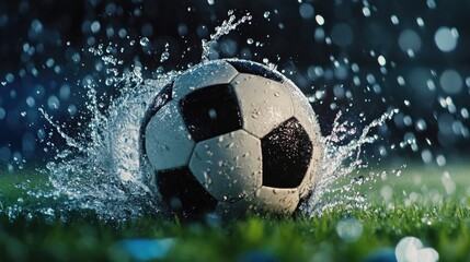 Fototapeta premium Close-up of a soccer ball splashing on rain-soaked grass under stadium lights, symbolizing intense game action