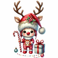 adorable baby gnome in a reindeer costume with a candy cane, present, and sparkling hat