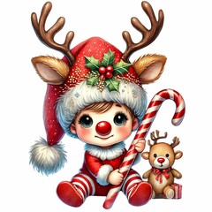 cute and adorable baby gnome in a reindeer costume, holding a candy cane and a reindeer doll, with a sparkling hat
