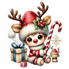adorable baby gnome in a reindeer costume with a candy cane, present, and sparkling hat