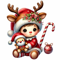  adorable baby gnome in a reindeer costume, holding a candy cane and a Santa doll, with a sparkling hat