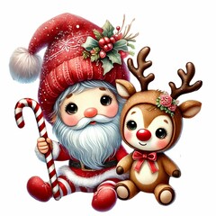 cute and adorable baby gnome in a reindeer costume, holding a candy cane and a reindeer doll, with a sparkling hat