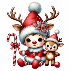 cute and adorable baby gnome in a reindeer costume, holding a candy cane and a reindeer doll, with a sparkling hat