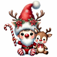 cute and adorable baby gnome in a reindeer costume, holding a candy cane and a reindeer doll, with a sparkling hat