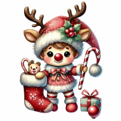 adorable baby gnome in a reindeer costume, holding a candy cane and a Christmas stocking, with a sparkling hat