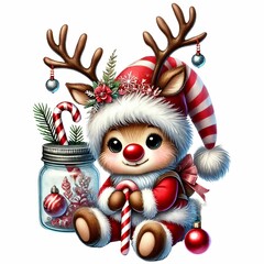 adorable baby gnome in a reindeer costume, holding a candy cane and a glass jar, with a sparkling hat