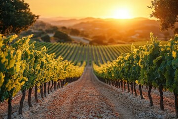 Fototapeta premium sundrenched vineyard at golden hour orderly rows of grapevines stretching to horizon warm light accentuating lush foliage
