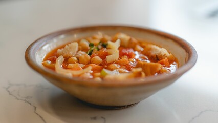 Close-up of a bowl of chickpea stew with vegetables on a white marble surface