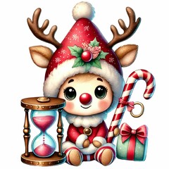 adorable baby gnome in a reindeer costume, holding a candy cane and an hourglass, with a sparkling hat