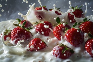 A fresh bowl of milk and strawberries, perfect for breakfast or snack
