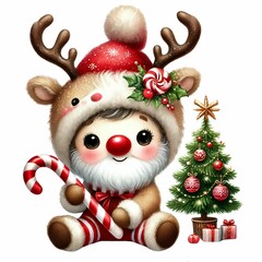 adorable baby gnome in a reindeer costume, holding a candy cane and a small Christmas tree, with a sparkling hat