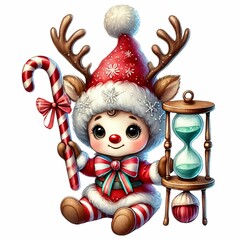 adorable baby gnome in a reindeer costume, holding a candy cane and an hourglass, with a sparkling hat
