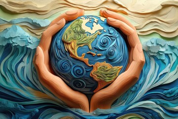 Earth Stewardship in Paper-Cut Style: Hands Cradling the Planet with Water and Air Elements for Climate Balance and Resource Conservation