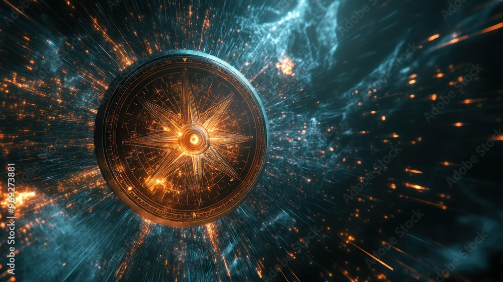 Poster a glowing compass surrounded by cosmic energy and particles, symbolizing navigation and exploration.