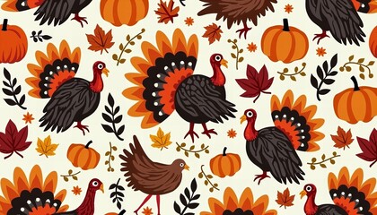 Colorful autumn-themed pattern featuring turkeys, pumpkins, and leaves in warm hues.