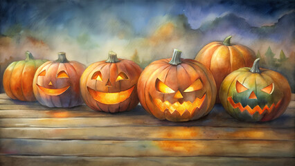 Photorealistic image with a group of pumpkins-Jack-o'-lanterns
