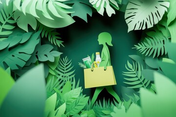Sustainable Consumer Choices - Paper Cut Style of Person with Reusable Shopping Bag Filled with Eco-Friendly Products for Climate Action