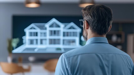 Fototapeta premium A professional analyzing a virtual house model on a screen, showcasing modern architecture and innovative design.