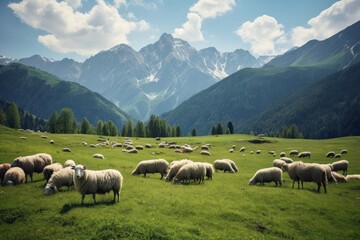 Fototapeta premium Herd of sheep grazing landscape grassland livestock.