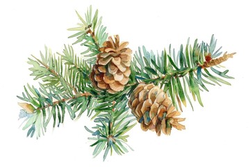A beautiful watercolor illustration of a pine tree branch adorned with cones, perfect for use in nature-themed designs and projects