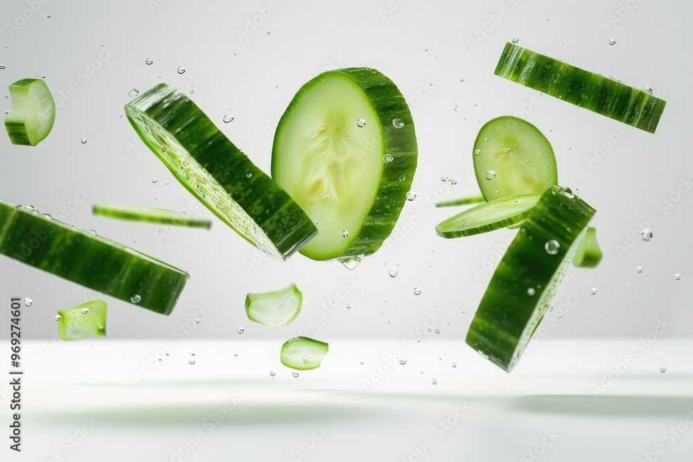Poster A refreshing scene of fresh cucumber slices dropping into a pool of clear water